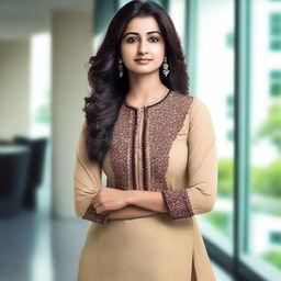A 25-year-old Indian female IT employee wearing a figure-hugging salwar kameez, exuding confidence and professionalism in a modern office setting