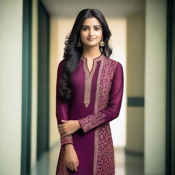 A 25-year-old Indian female IT employee wearing a figure-hugging salwar kameez, exuding confidence and professionalism in a modern office setting