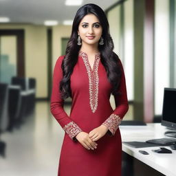 A 25-year-old Indian female IT employee wearing a figure-hugging salwar kameez, exuding confidence and professionalism in a modern office setting