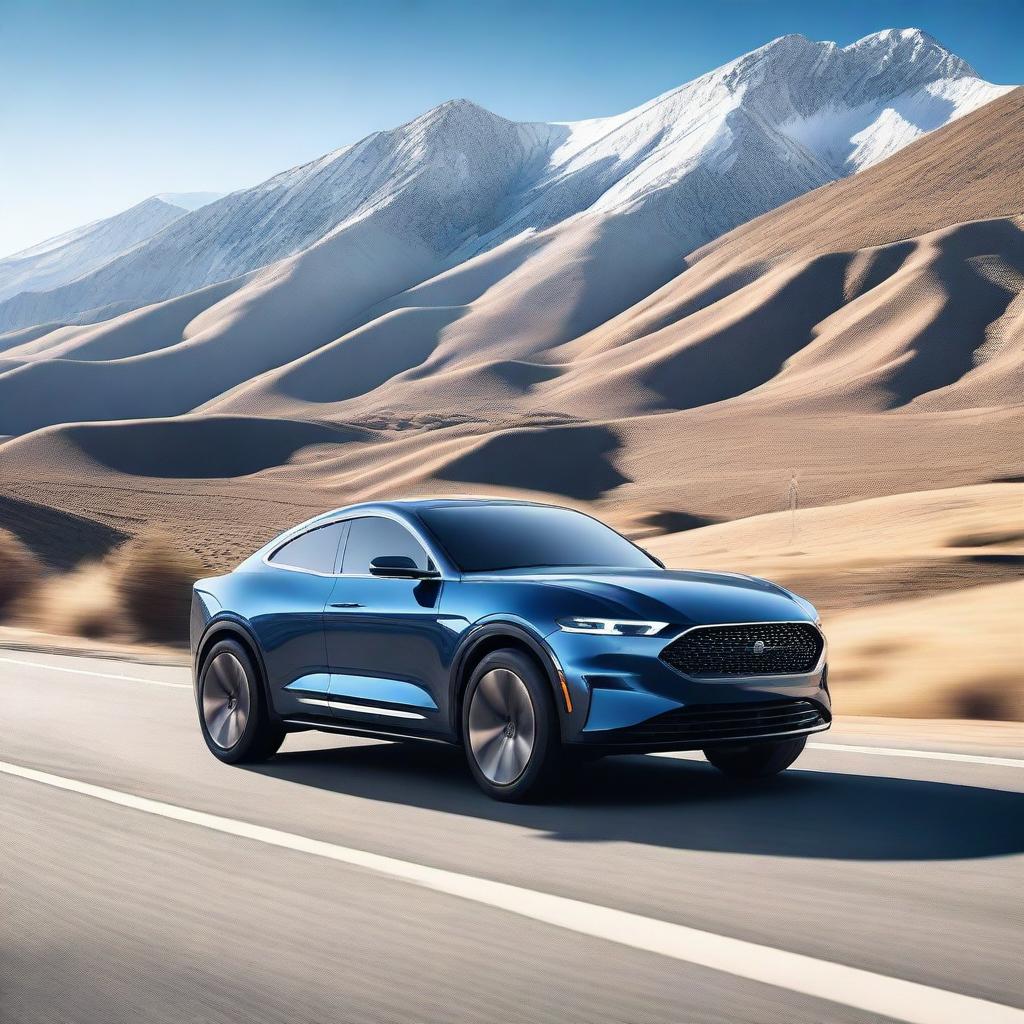 A sleek and modern electric Mustang SUV driving through a scenic landscape