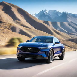 A sleek and modern electric Mustang SUV driving through a scenic landscape