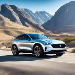 A sleek and modern electric Mustang SUV driving through a scenic landscape