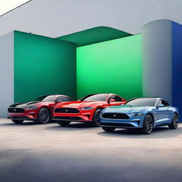 A sleek and modern electric Mustang SUV showcased in various colors, including red, blue, black, white, and green