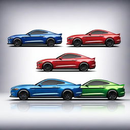 A sleek and modern electric Mustang SUV showcased in various colors, including red, blue, black, white, and green