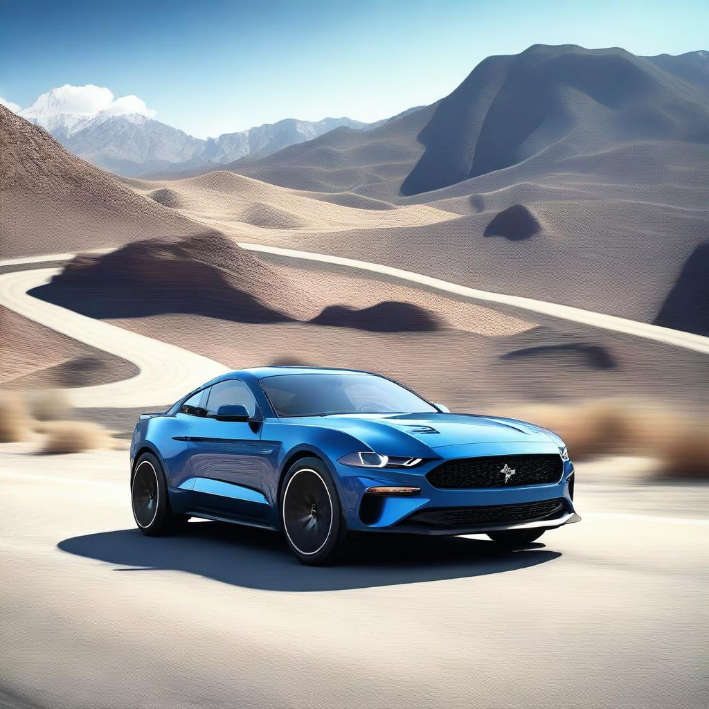 A hyper-realistic image of a sleek and modern electric Mustang SUV driving through a scenic landscape