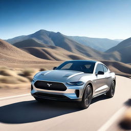 A hyper-realistic image of a sleek and modern electric Mustang SUV driving through a scenic landscape