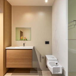 An elegant and modern washroom, featuring a stylish vanity design, an attractive washbasin, and a spacious closet designed seamlessly within the washroom