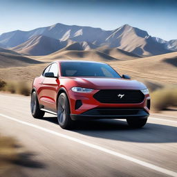 A hyper-realistic image of a sleek and modern electric Mustang SUV driving through a scenic landscape