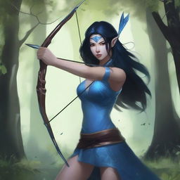 A female water genasi with long black hair, dark eyes, and blue skin stands in a lush forest