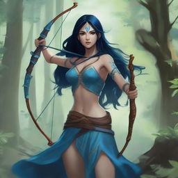 A female water genasi with long black hair, dark eyes, and blue skin stands in a lush forest