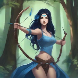 A female water genasi with long black hair, dark eyes, and blue skin stands in a lush forest