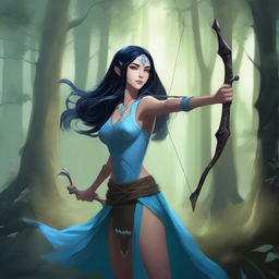 A female water genasi with long black hair, dark eyes, and blue skin stands in a lush forest