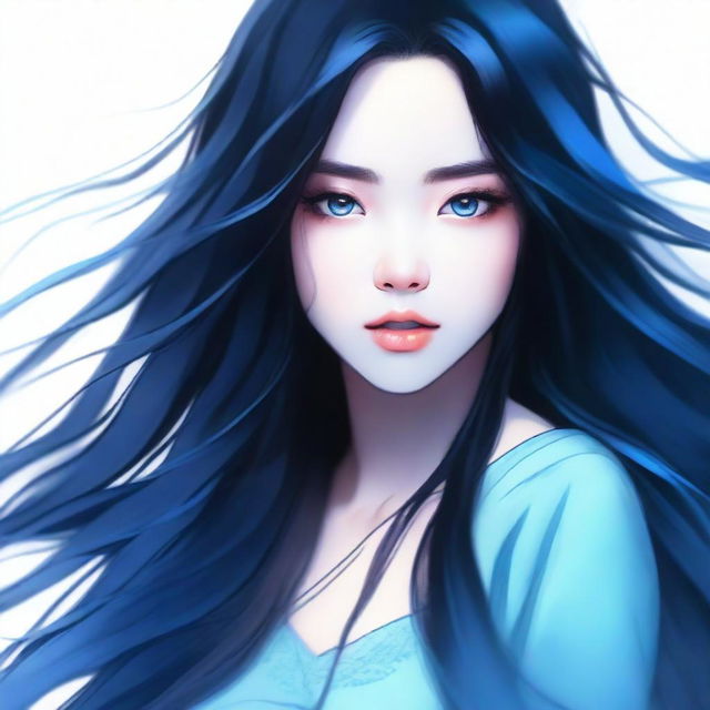 A beautiful girl with long black hair, black eyes, and all blue skin