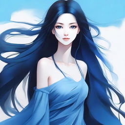 A beautiful girl with long black hair, black eyes, and all blue skin