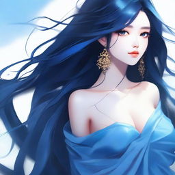 A beautiful girl with long black hair, black eyes, and all blue skin