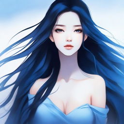 A beautiful girl with long black hair, black eyes, and all blue skin