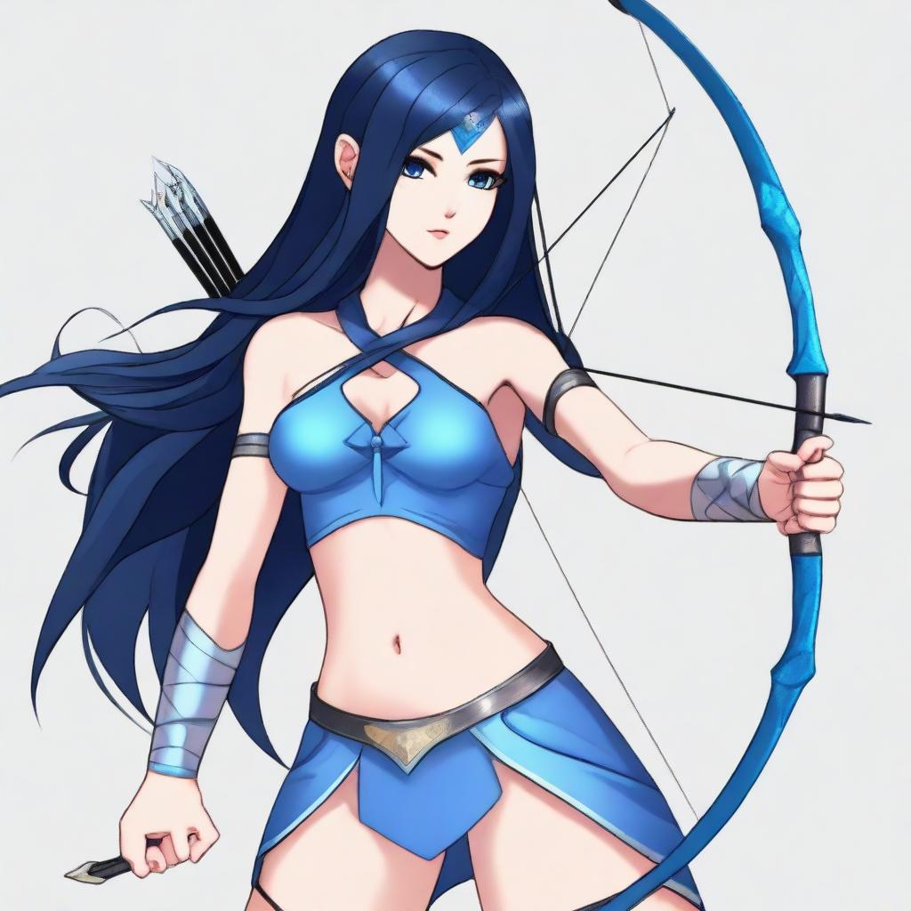 A girl with long black hair, black eyes, and all blue skin holds a bow and arrow