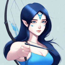 A girl with long black hair, black eyes, and all blue skin holds a bow and arrow