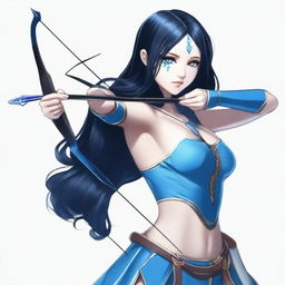 A girl with long black hair, black eyes, and all blue skin holds a bow and arrow