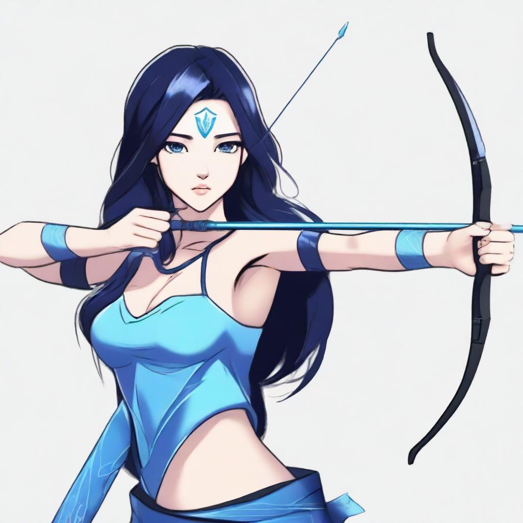 A girl with long black hair, black eyes, and all blue skin holds a bow and arrow