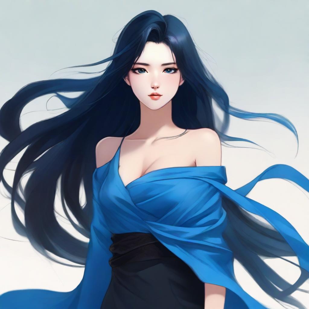 A girl with long black hair, black eyes, and blue skin