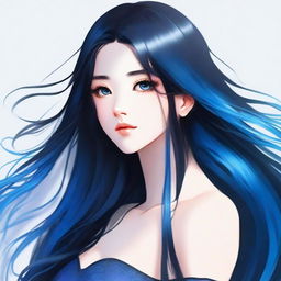 A girl with long black hair, black eyes, and blue skin