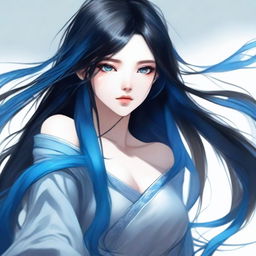 A girl with long black hair, black eyes, and blue skin