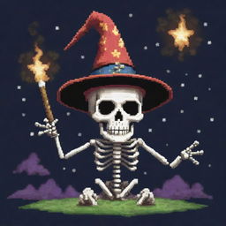 A pixellated skeleton wearing a wizard hat, puffing a pixel cigar under a star-filled sky and exuding whimsical pixel smoke. The skeleton exhibits a mischievous grin and a cool demeanor, forming a unique character in pixel art form.