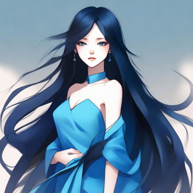 A girl with long black hair, black eyes, and blue skin color