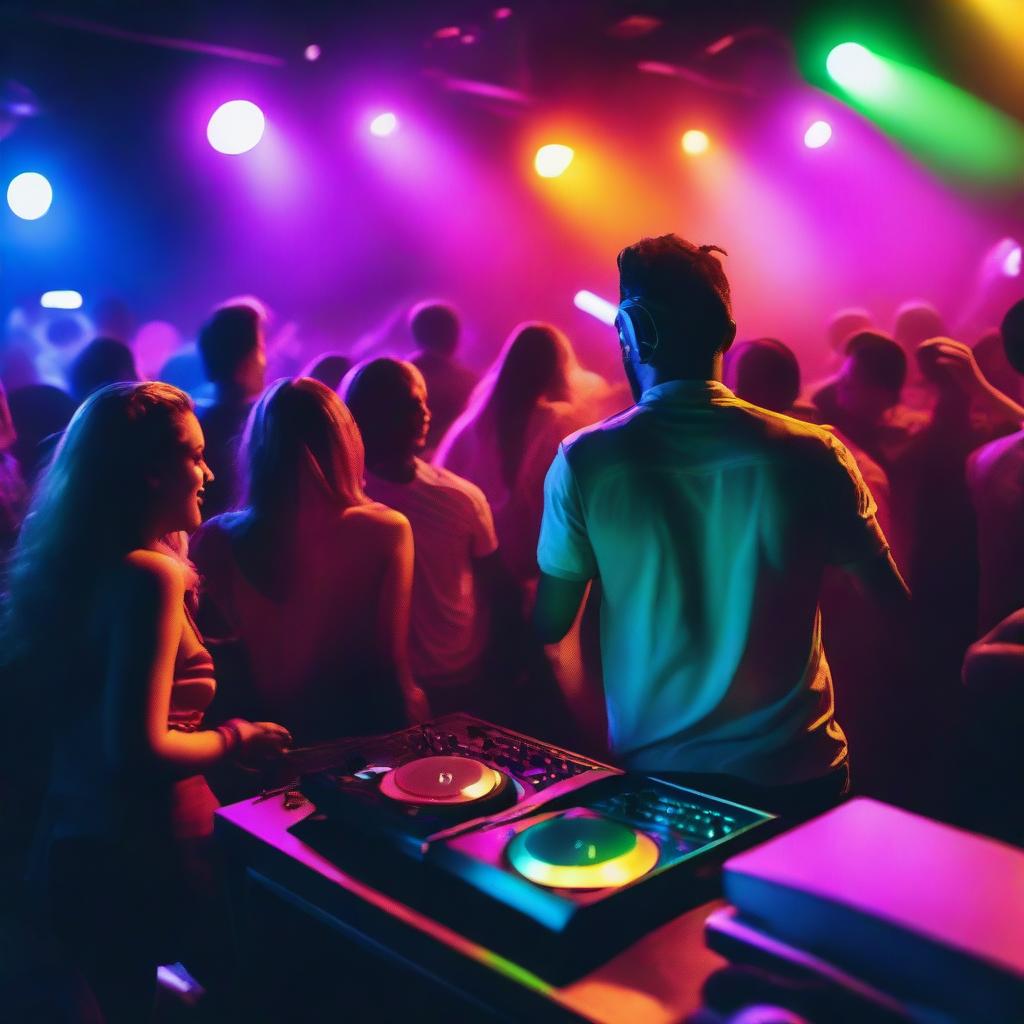 A vibrant and energetic nightclub scene with colorful lights, a crowded dance floor, and people enjoying themselves