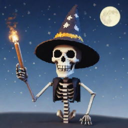 A pixellated skeleton wearing a wizard hat, puffing a pixel cigar under a star-filled sky and exuding whimsical pixel smoke. The skeleton exhibits a mischievous grin and a cool demeanor, forming a unique character in pixel art form.