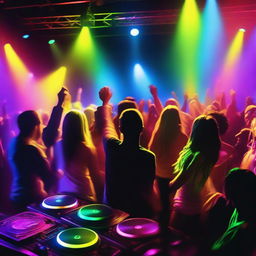 A vibrant and energetic nightclub scene with colorful lights, a crowded dance floor, and people enjoying themselves