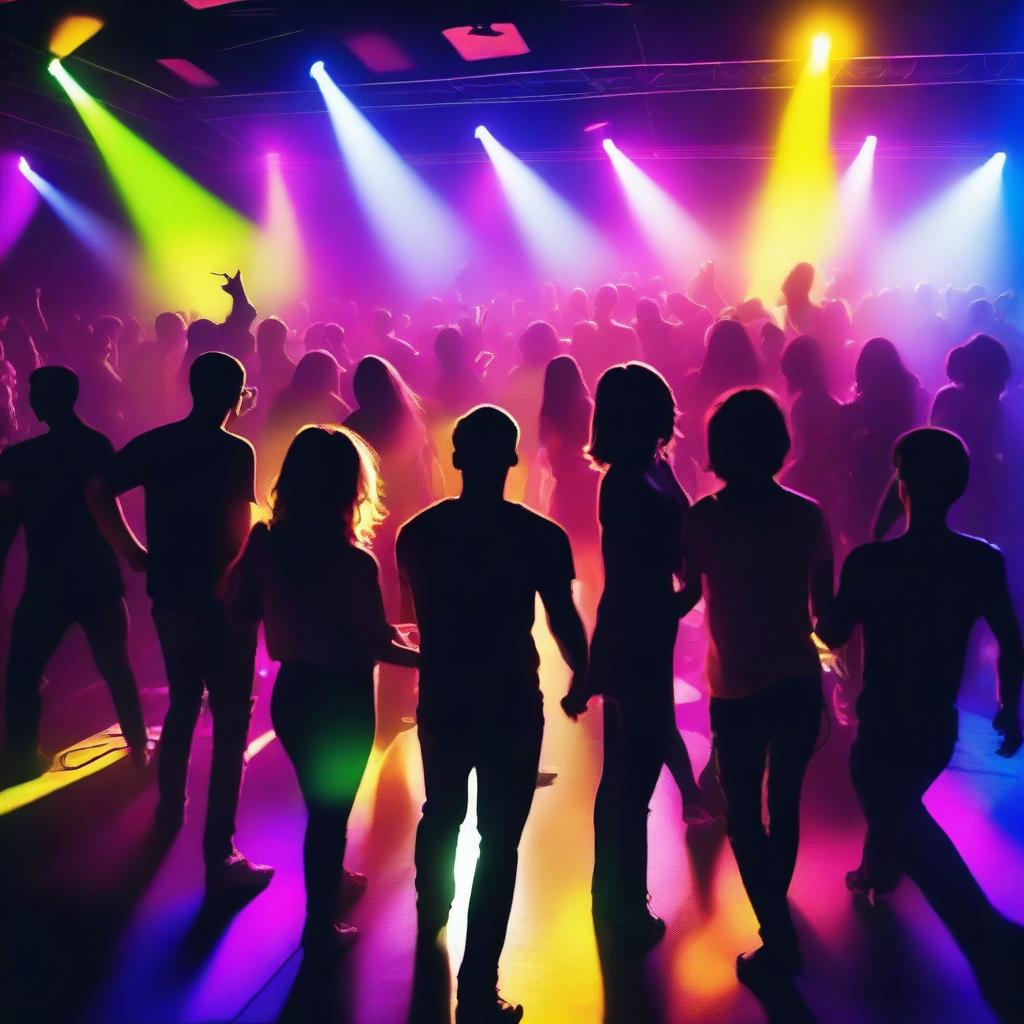 A vibrant and energetic nightclub scene with colorful lights, a crowded dance floor, and people enjoying themselves