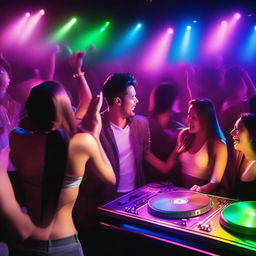 A vibrant and energetic nightclub scene with colorful lights, a crowded dance floor, and people enjoying themselves