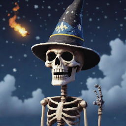 A pixellated skeleton wearing a wizard hat, puffing a pixel cigar under a star-filled sky and exuding whimsical pixel smoke. The skeleton exhibits a mischievous grin and a cool demeanor, forming a unique character in pixel art form.