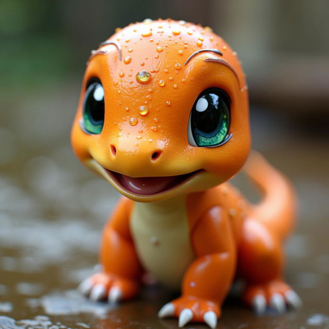 A very cute, photorealistic baby Charmander in 4K resolution, captured with cinematic photography