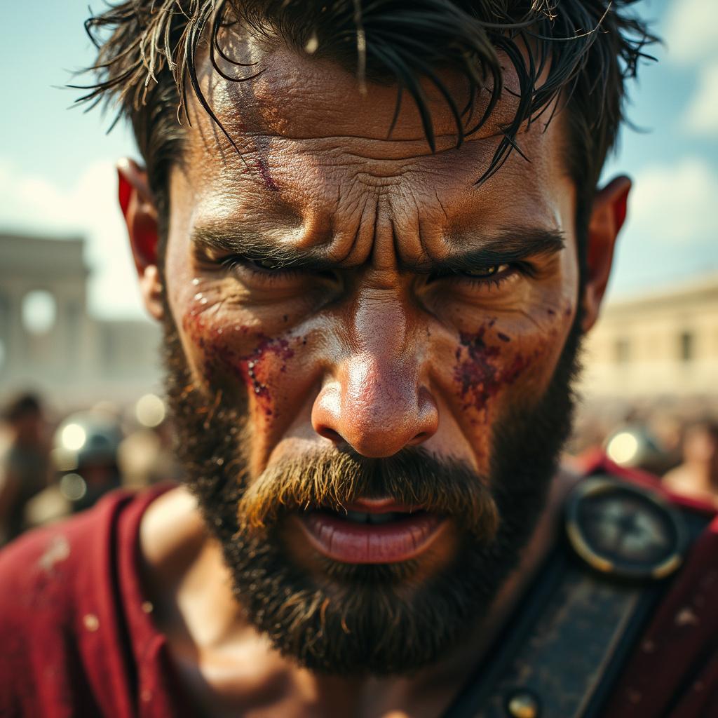 A close-up portrait of a determined gladiator's face, showing dirt, sweat, and battle scars, set against a chaotic battlefield background