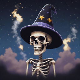 A pixellated skeleton wearing a wizard hat, puffing a pixel cigar under a star-filled sky and exuding whimsical pixel smoke. The skeleton exhibits a mischievous grin and a cool demeanor, forming a unique character in pixel art form.