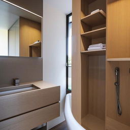 An elegant and modern washroom, featuring a stylish vanity design, an attractive washbasin, and a spacious closet designed seamlessly within the washroom