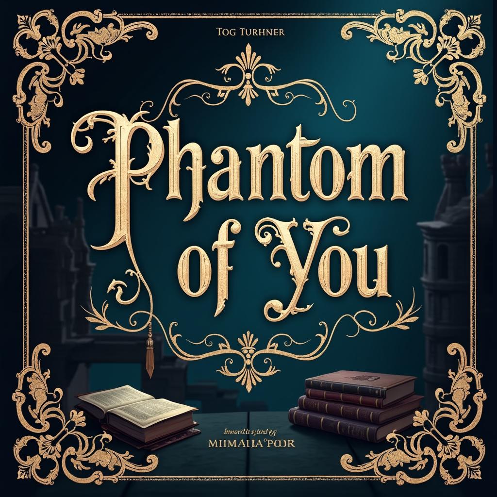 A dark academia romance book cover for 'Phantom of You', featuring a moody background, gothic architecture, vintage books, and a rich color palette