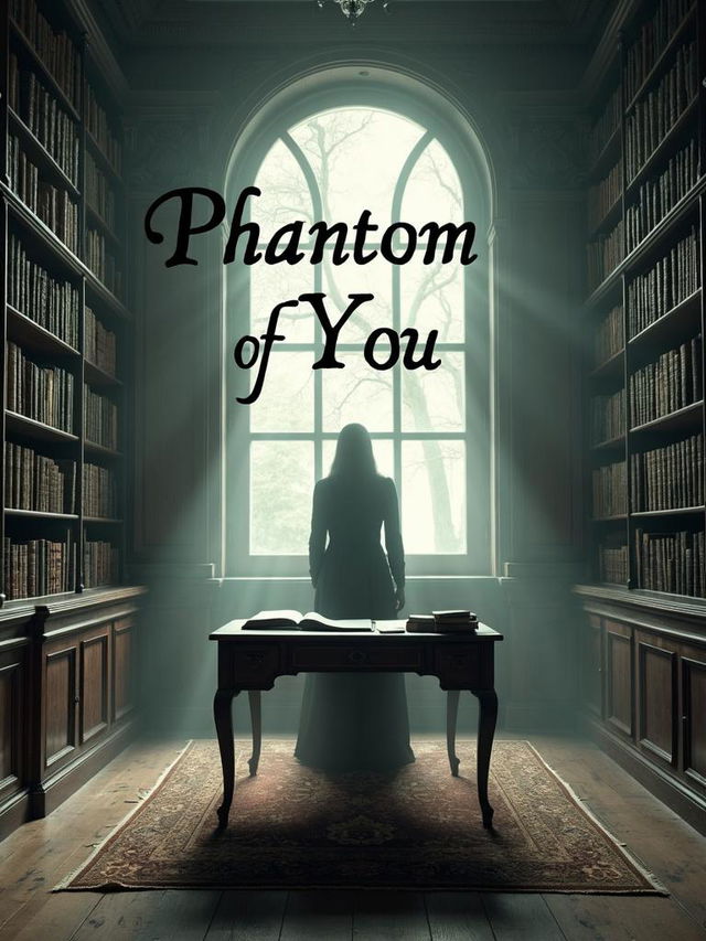 A dark academia romance book cover for 'Phantom of You', featuring an ancient library, antique desk, and ghostly silhouette