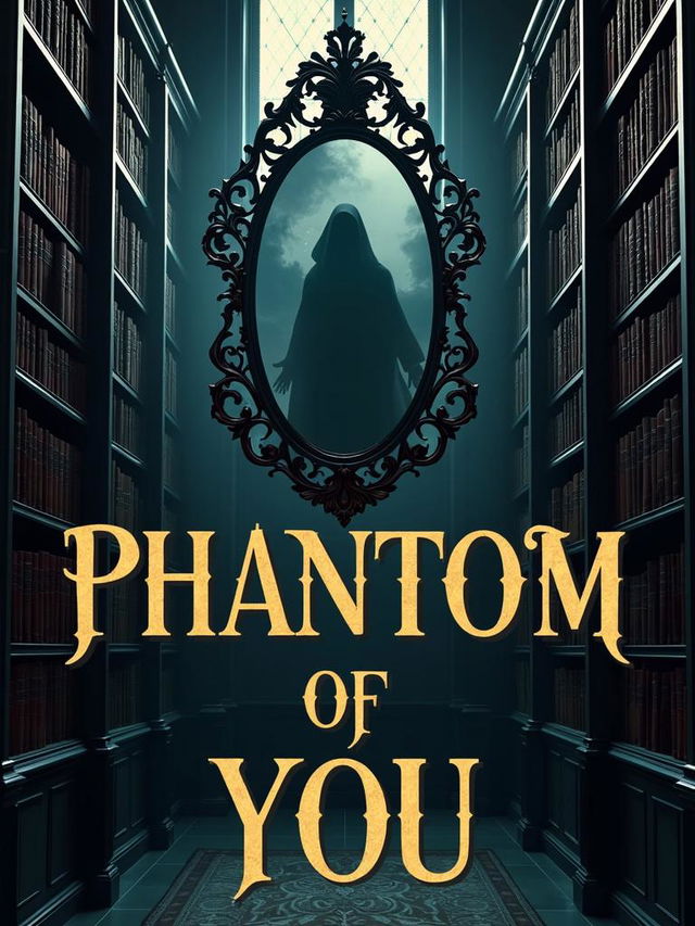 A dark academia romance book cover for 'Phantom of You', featuring a grand gothic hall with symmetrical bookshelves, an ornate mirror reflecting a ghostly figure, and a dark, elegant color palette