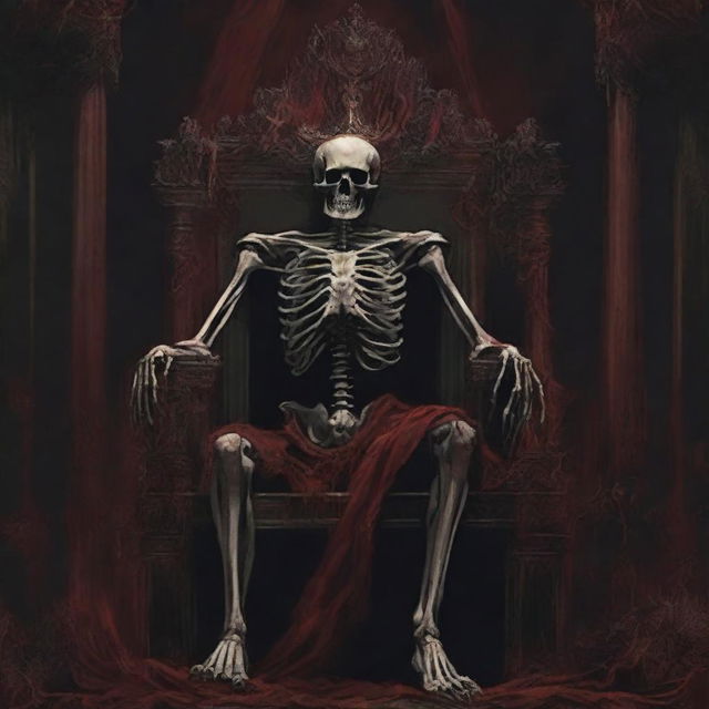 Create a deathcore band album art featuring a dead skeletal king laying on a throne