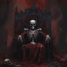 Create a deathcore band album art featuring a dead skeletal king laying on a throne