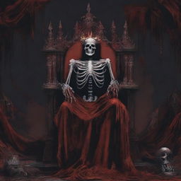 Create a deathcore band album art featuring a dead skeletal king laying on a throne