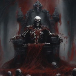 Create a deathcore band album art featuring a dead skeletal king laying on a throne