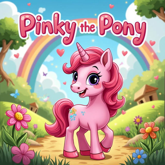 A highly aesthetic, fun, and vibrant book cover for 'Pinky the Pony', featuring a cute pink pony in a whimsical landscape with rainbow colors and playful elements