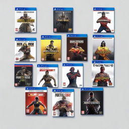 Create an image showcasing a collection of PlayStation 5 games, including Mortal Kombat 11, UFC 5, FIFA 24, It Takes Two, and Spider-Man 2