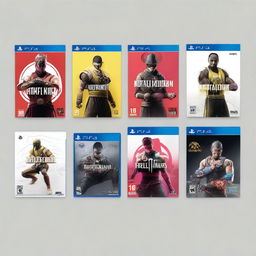 Create an image showcasing a collection of PlayStation 5 games, including Mortal Kombat 11, UFC 5, FIFA 24, It Takes Two, and Spider-Man 2