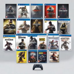 Create an image showcasing a collection of PlayStation 5 games, including Mortal Kombat 11, UFC 5, FIFA 24, It Takes Two, and Spider-Man 2